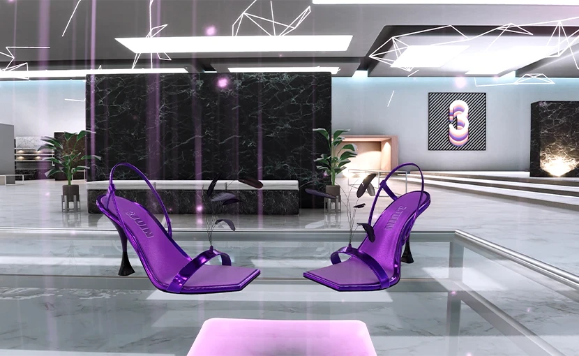 Scarpe con tacco viola realizzate in 3d in uno showroom realizzato per la realtà immersiva 3d