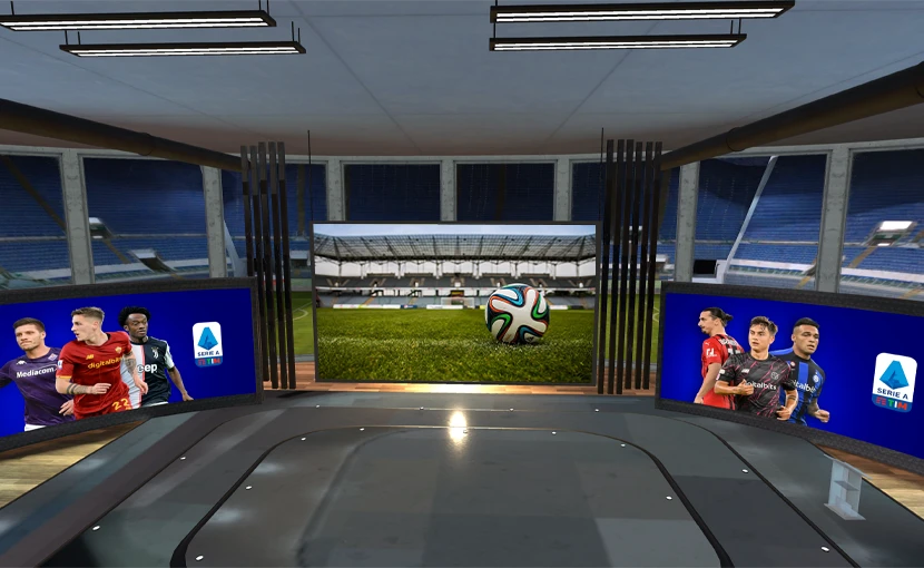 Studio di registrazione in 3D con tre maxischermi raffiguranti giocatori di calcio e un pallone