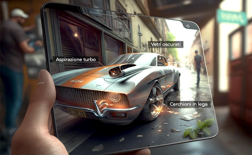 Immagine di una macchina inquadrata ada un tablet per avere le informazioni della realtà aumentata